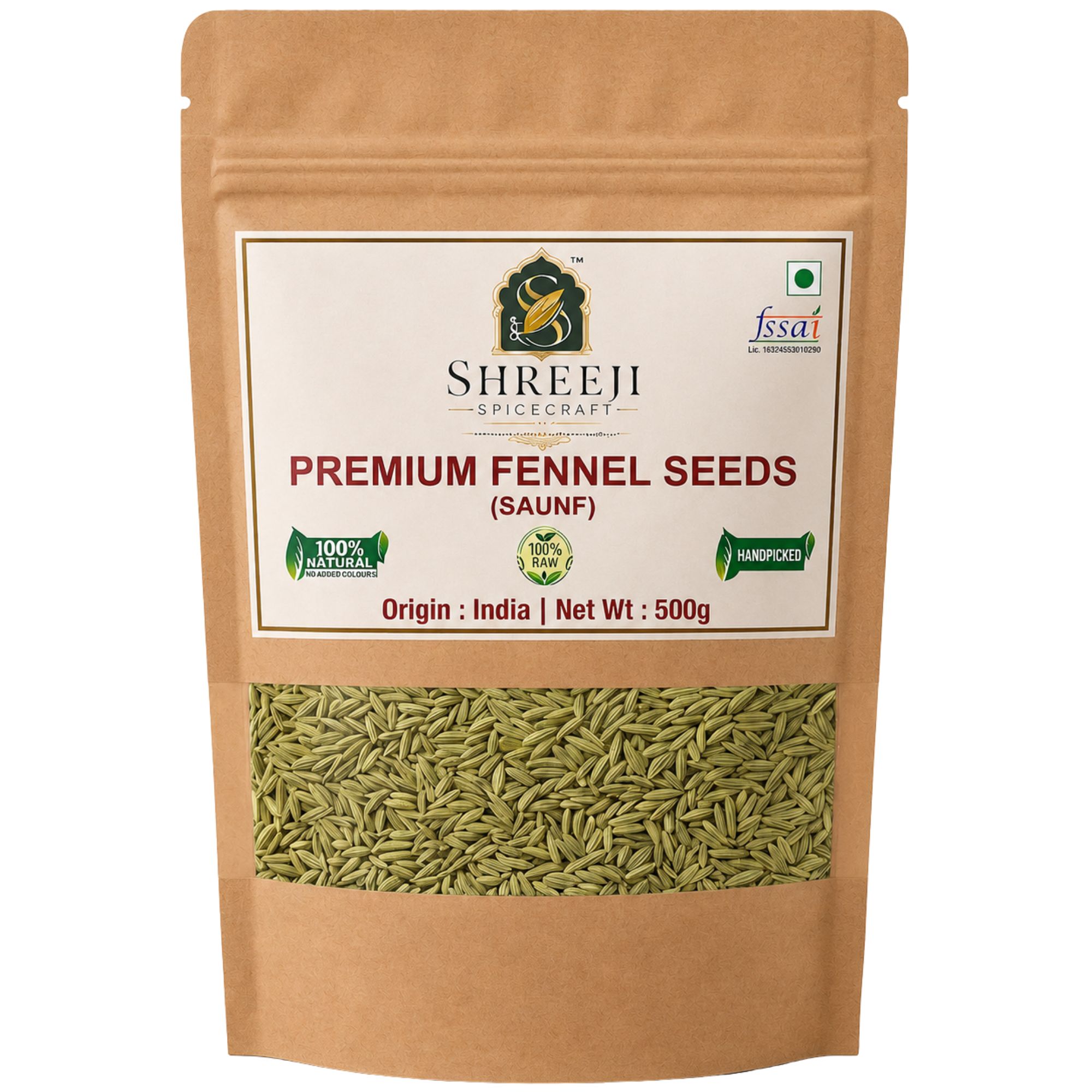 Shreeji Spicecraft Fennel Seeds Whole Saunf Pouch Natural Raw Handpicked Aromatic Spices for Cooking Mouth Freshener