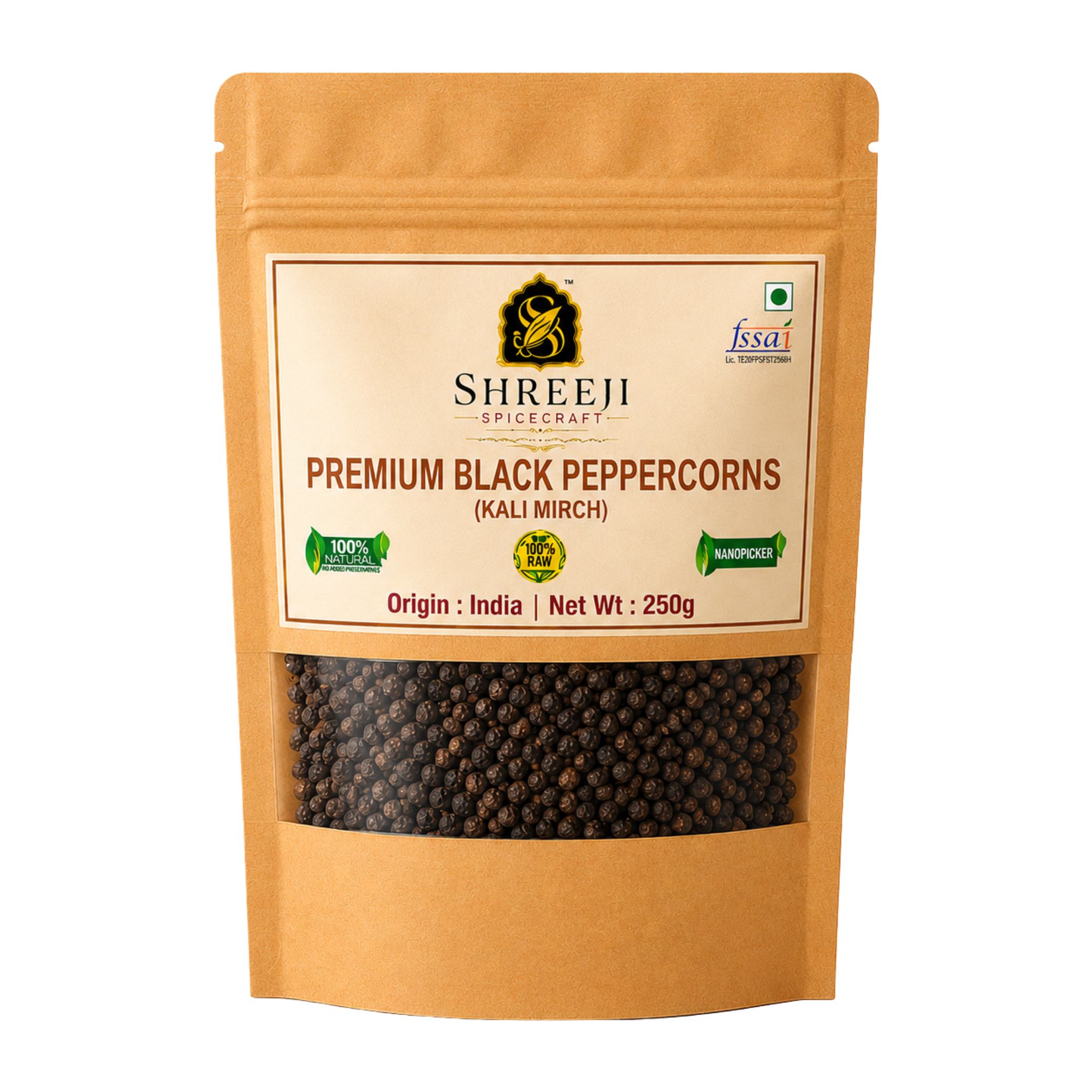 Shreeji Spicecraft Premium Whole Black Peppercorns Kali Mirch Raw Sabut Black Pepper for Cooking & Spice Grinder Standup Pouch Packaging
