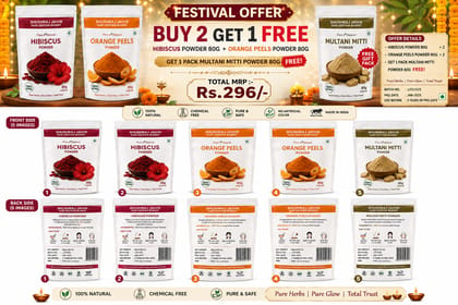 Shushraj Jaivik Buy 2 Get 1 Free Herbal Hair & Skin Care Kit: Hibiscus Powder, Orange Peel Powder + Free Multani Mitti (80g Each)