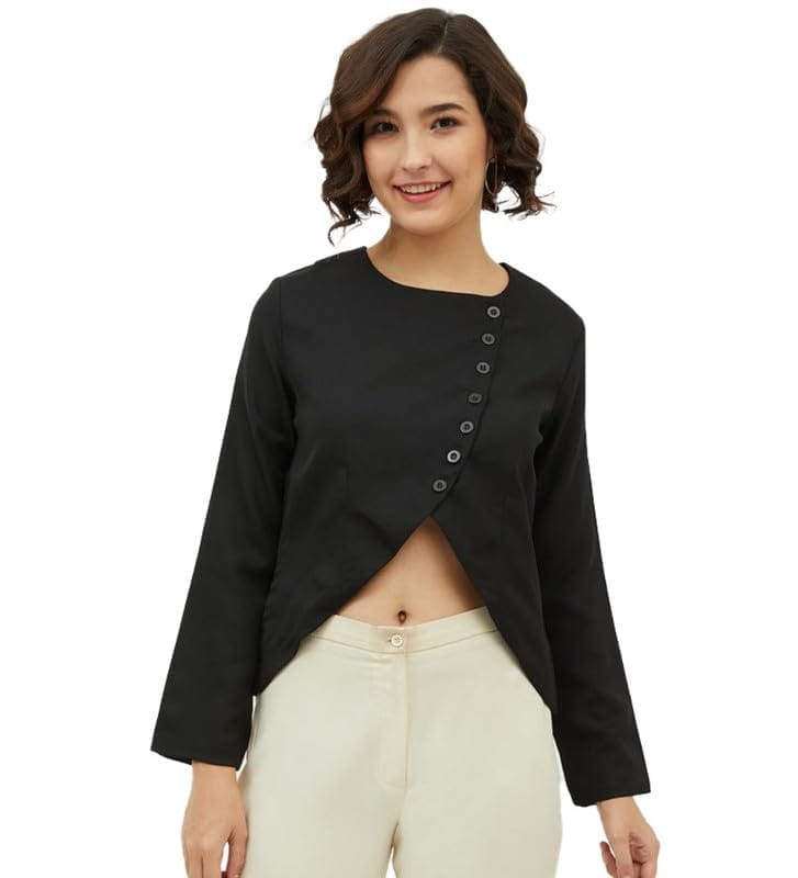 Women's Polyester Asymmetrical Long Sleeves Top (Black, XL)-PID55911