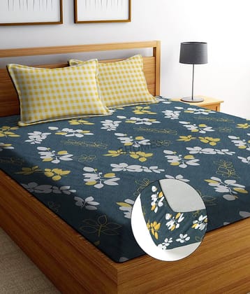 SHOMES Cotton Floral Fitted 1 Bedsheet with 2 Pillow Covers ( Double Bed ) - Gray