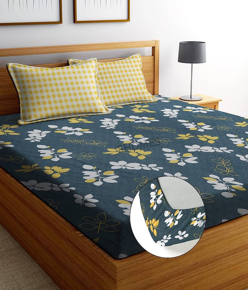 SHOMES Cotton Floral Fitted 1 Bedsheet with 2 Pillow Covers ( Double Bed ) - Gray