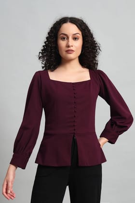 Refined Rectangle Neckline Top, Plum-XS