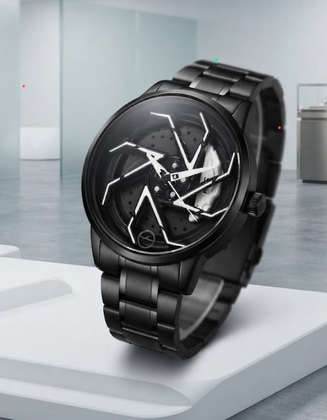 Rim Style Wheel Watch for Men | Car Wheel Hub Quartz Analog Wristwatch with Stainless Steel Strap
