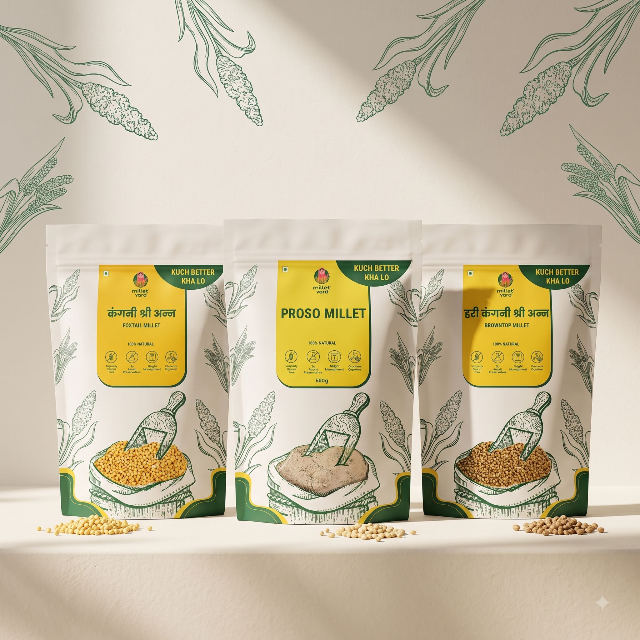 Millet Yard Millets 1.5 kg Natural Grains Combo Pack of 3 | Foxtail 500g, Browntop 500g, Proso 500g | Nutrient Powerhouse, High Protein & 100% More Fibre Mixed Millet (1.5 kg, Pack of 3)