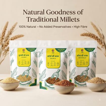 Millet Yard Millets 1.5 kg Natural Grains Combo Pack of 3 l Kodo 500g, Little millet 500g, Barnyard millet 500g | Nutrient Powerhouse, High Protein & 100% More Fibre Mixed Millet (1.5 kg, Pack of 3)