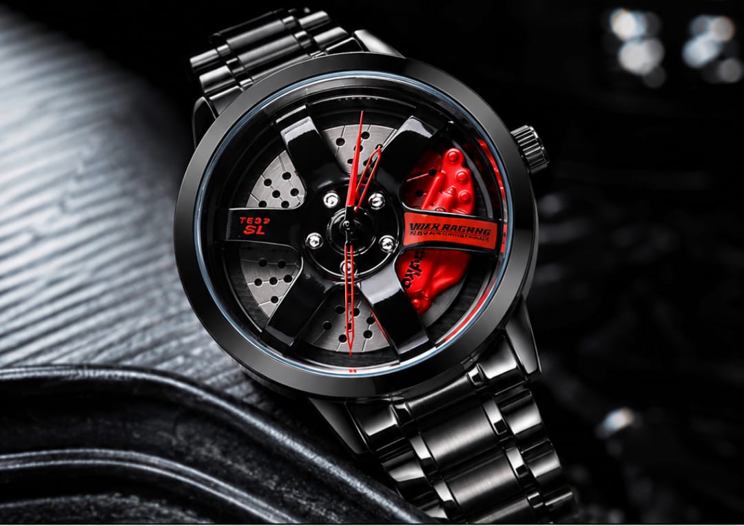 Car Wheel Rim Design Men's Analog Wristwatch with Red Brake Caliper Dial & Stainless Steel Strap