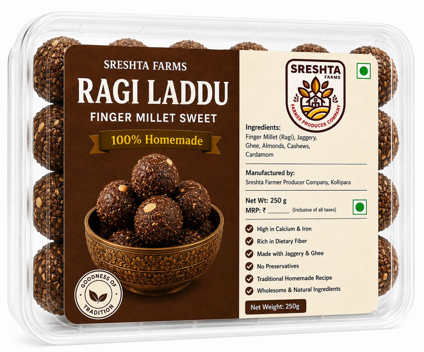 Sreshta Farms Ragi Laddu | Traditional Ragi & Jaggery Sweet | Finger Millet Laddu