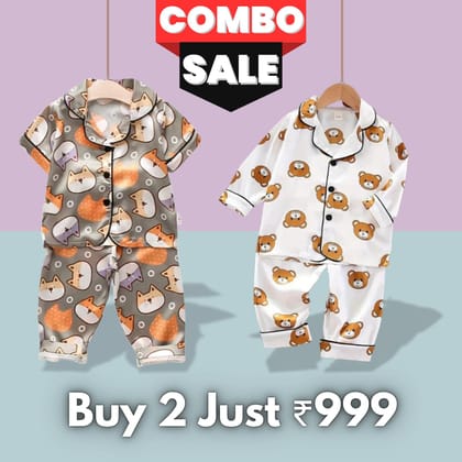 2 NIGHT SUITS COMBO FOR BOYS AND GIRLS (White Multi)-1-2 year
