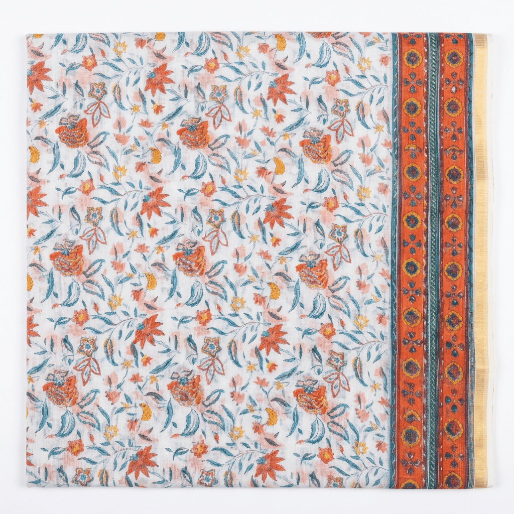 Kota Doria Hand Block Print Saree with Blouse Piece