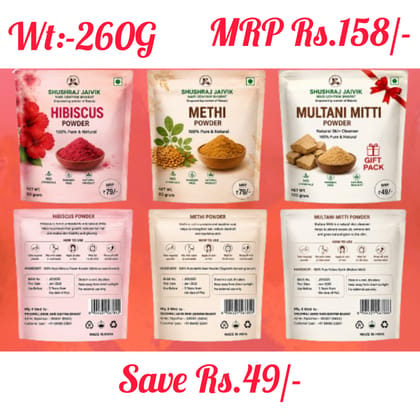 Shushraj Jaivik Hibiscus, Methi & Multani Mitti Powder Combo for Hair Care - DIY Herbal Hair Pack Kit