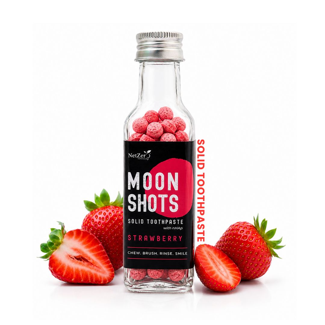Moonshots Solid Toothpaste Tablets – Strawberry (90 pcs) | Formulated with nHAp | Fluoride & SLS Free | No Preservatives | with Xylitol & Oral Probiotics | Travel-Friendly 