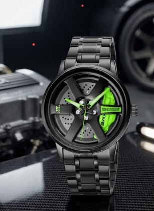 Premium Car Wheel Rim Design Analog Watch for Men with Neon Green wheel watch Premium Car Wheel Rim Design Analog Watch for Men with Neon Green wheel watch