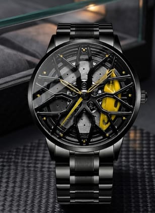 Car Rim Wheel Dial Men's Analog 360 rotating Watch – Black & Yellow Sports Wrist Watch
