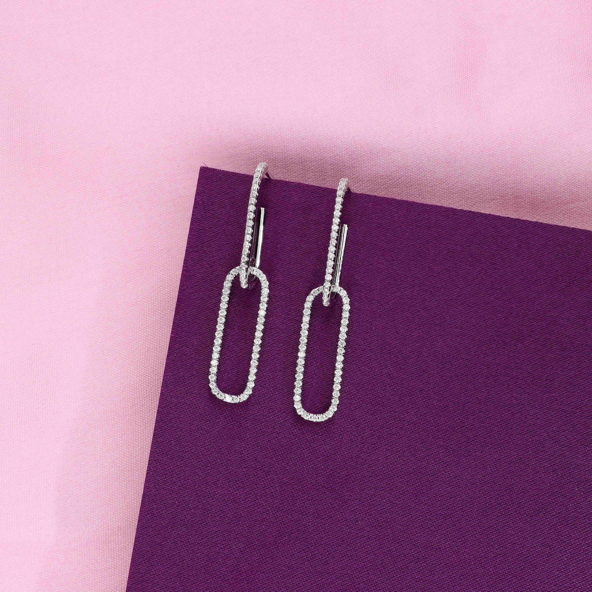 Link Luxe Silver Drop Earrings-White Stone / Silver