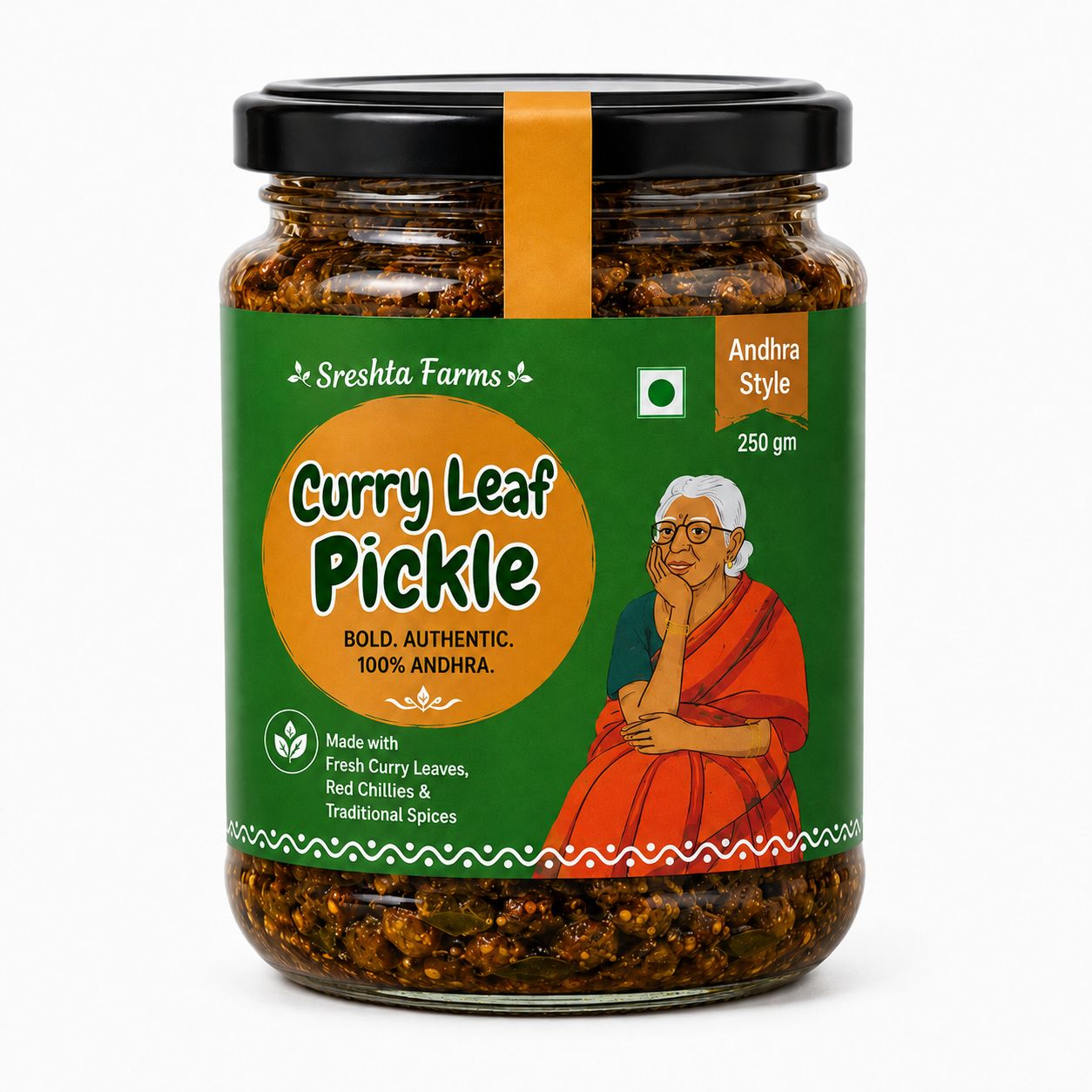 Sreshta Farms Curry Leaf Pickle 250g | Andhra Style Karivepaku Pickle | Traditional South Indian Pickle