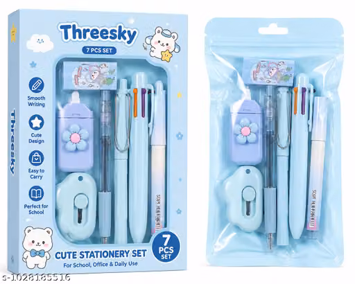 7 Pcs Cute Purple Stationery Set Kawaii School Supplies Office Supplies Including Ballpoint Pens Pencil Sharpener Highlighter Correction Tape Ruler (Blue)