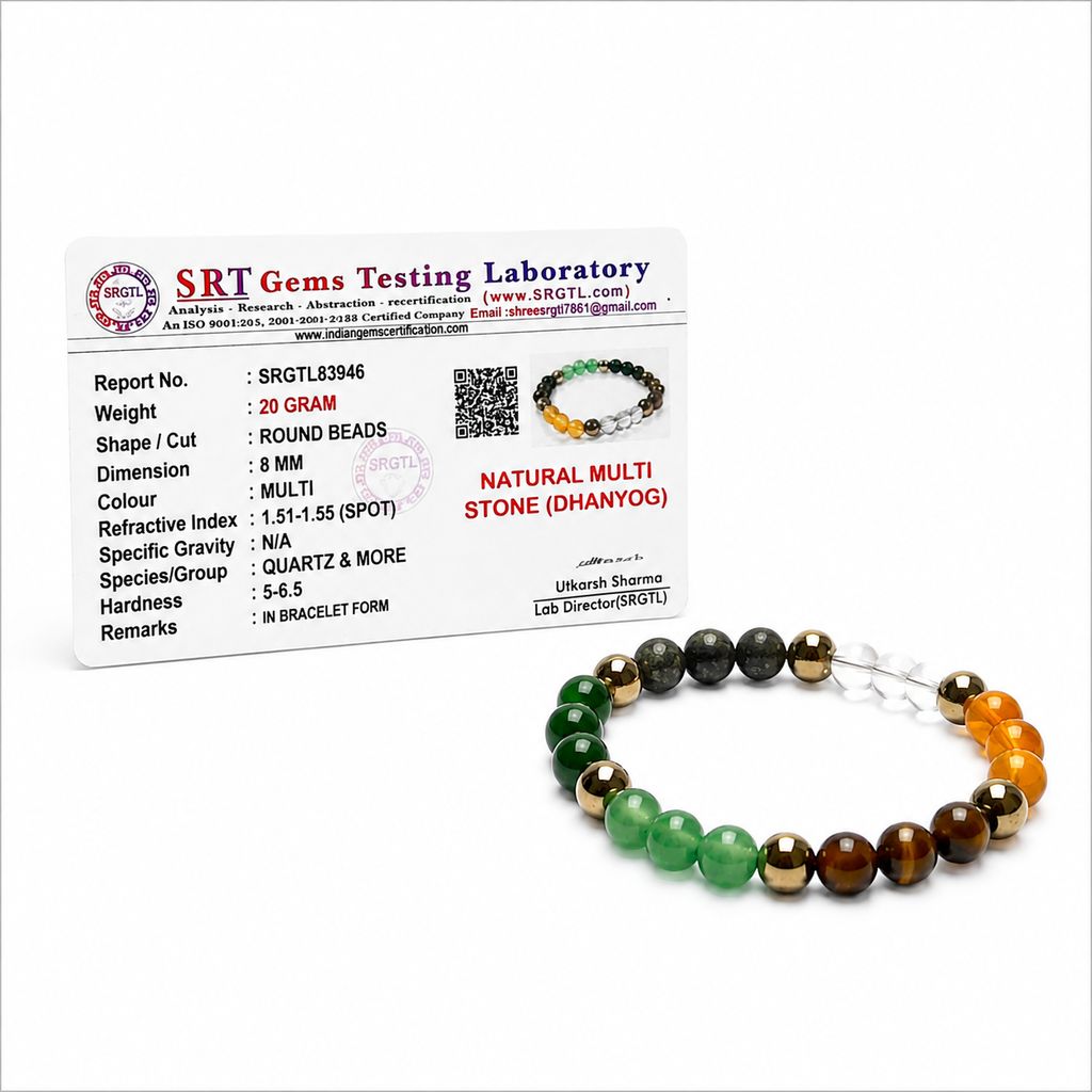 Shrifal Certified Dhan Yog Money Magnet Bracelet for Men & Women | Natural Pyrite, Citrine, Green Aventurine, Tiger Eye & Clear Quartz Crystal 8mm Beads | Wealth, Luck & Prosperity