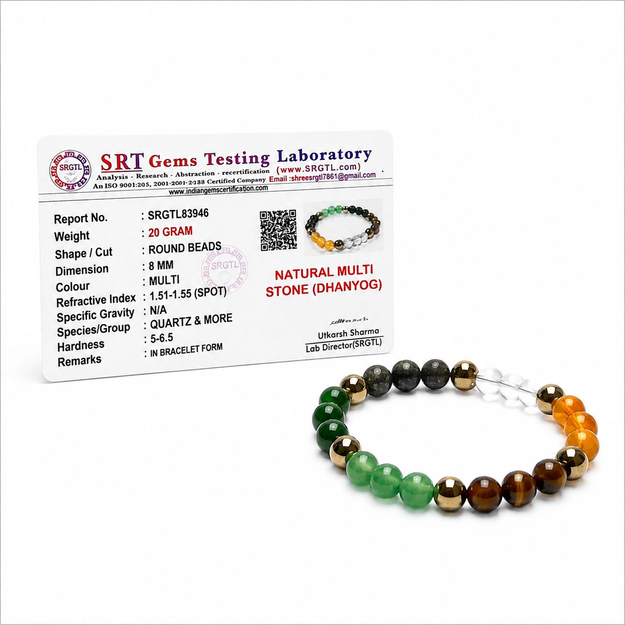 Shrifal Certified Dhan Yog Money Magnet Bracelet for Men & Women | Natural Pyrite, Citrine, Green Aventurine, Tiger Eye & Clear Quartz Crystal 8mm Beads | Wealth, Luck & Prosperity