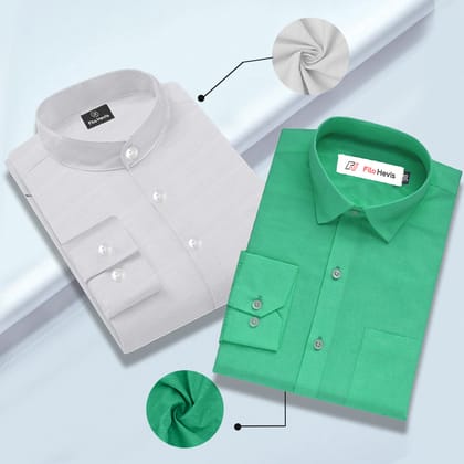 Cotton Linen Mandarin Collar White & Filafil Spread Collar Green - Classic Shirt Combo (Set of 2)-M
