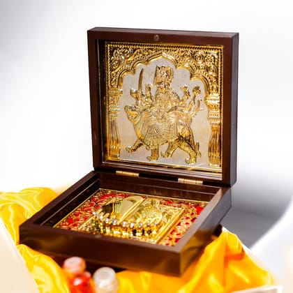 Shrifal Durga MATA Golden Charan Paduka Foldable Mandir 4x4 Inch | Mini Puja Mandir for Home & Office | Spiritual Gift