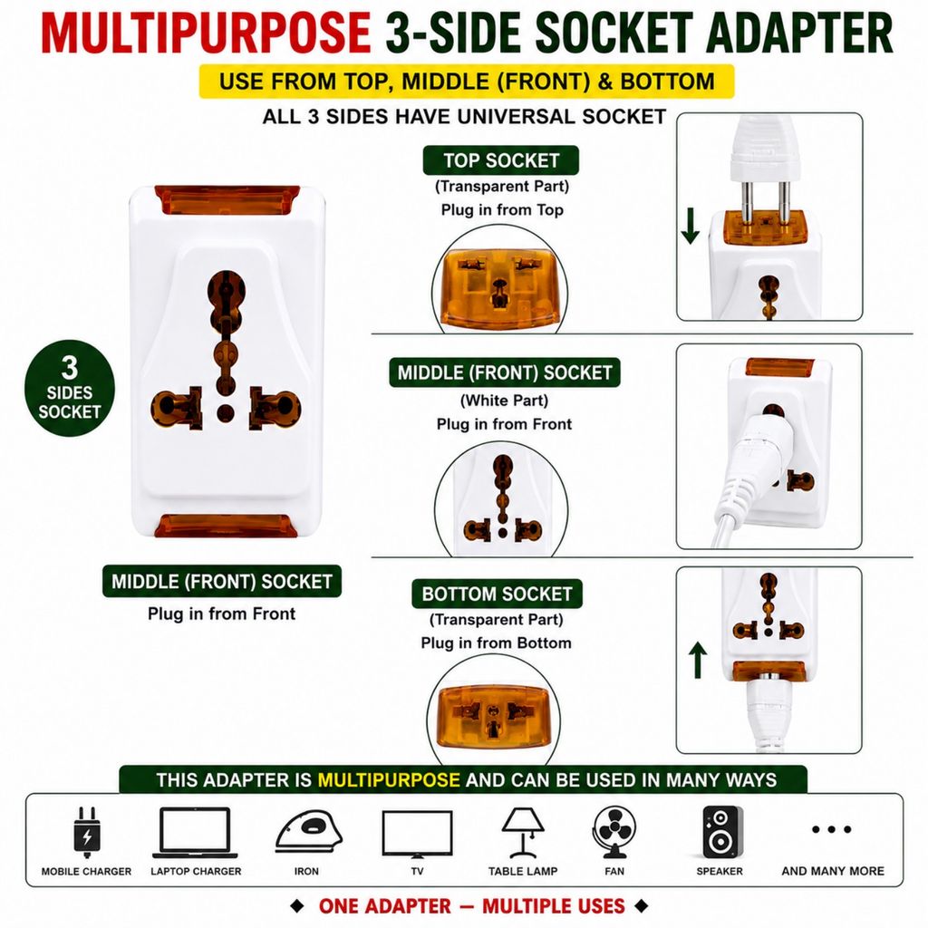 Multipurpose 3-Side Socket Adapter, 3-Side Universal Socket Adapter, 3-Way Socket Adapter, Multipurpose Plug Adapter, Universal Multi Plug Adapter - Hardware, Tools and Home Safety | Buy online on ZillyBuy