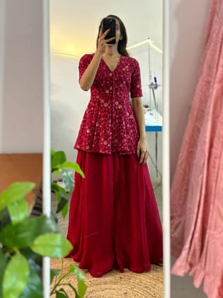 Maroon Peplum top with flared palazzo pants-S