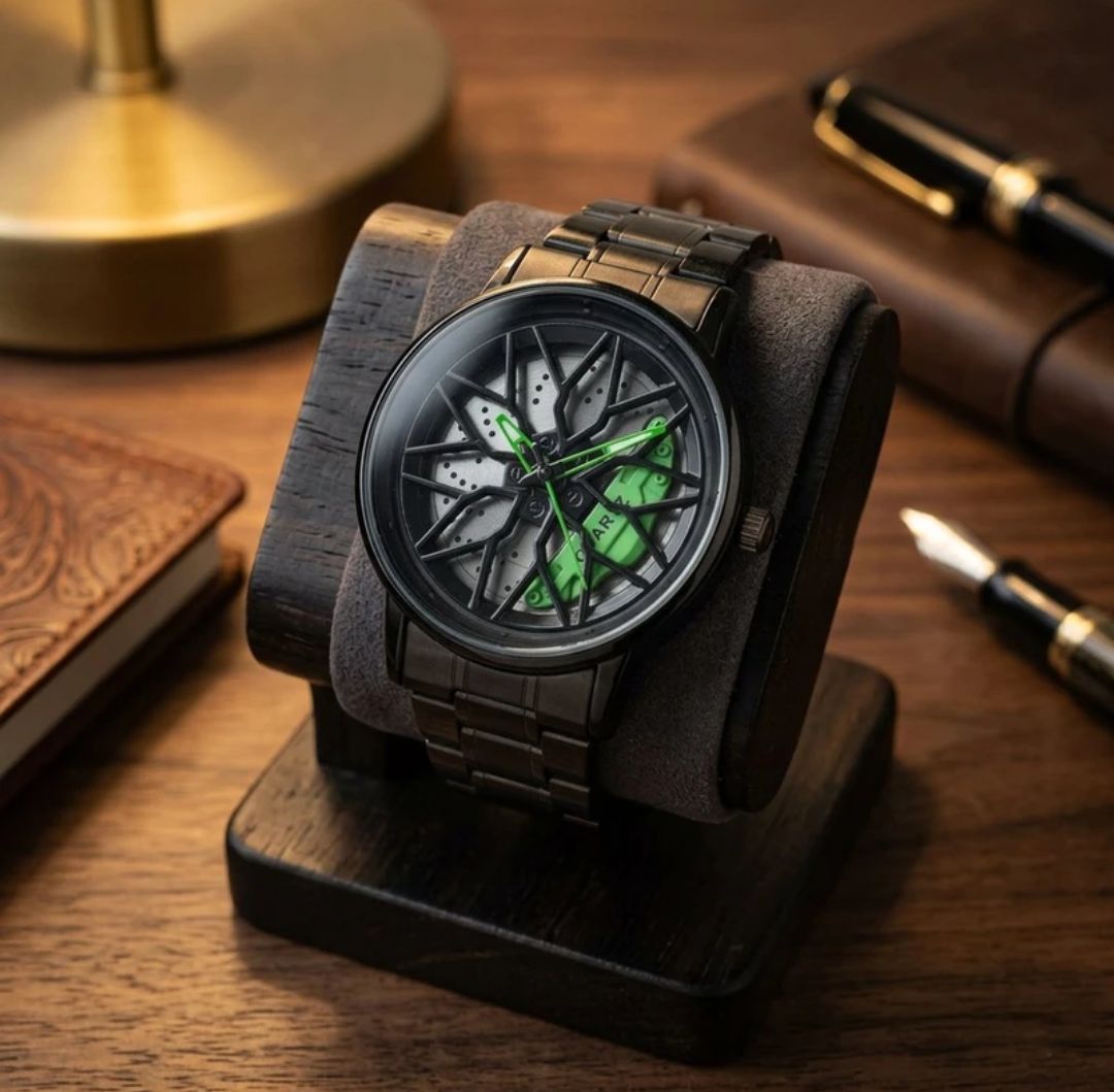 Green Rim Dial Sports Watch - Automotive Wheel Hub Wristwatch for Men 360 rotating watch flower disine
