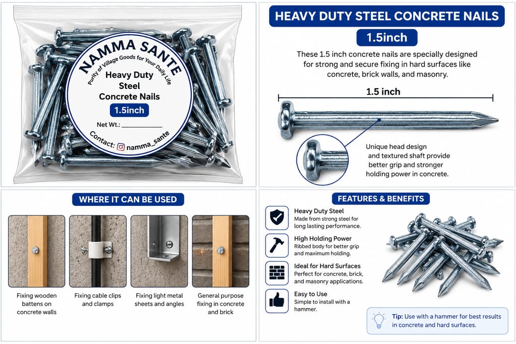 Heavy Duty Steel Concrete Nails 1.5 Inch | 1.5 Inch Concrete Nails | Hardened Steel Nails | Hard Wall Nails | Concrete Wall & Beam Nails - Hardware, Tools and Home Safety | Buy online on ZillyBuy