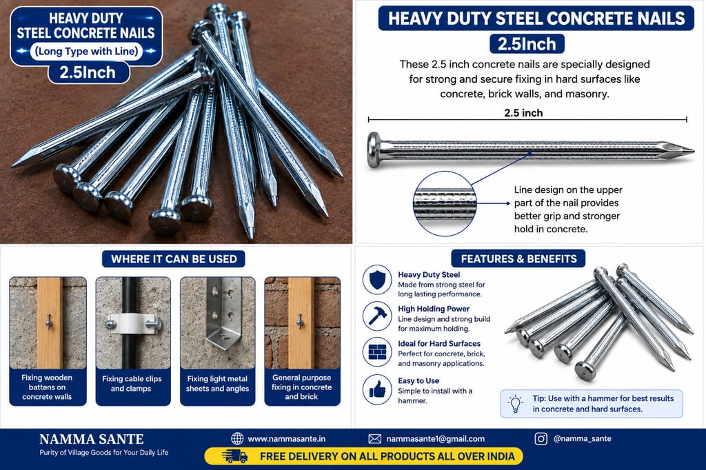 Heavy Duty Steel Concrete Nails 2.5 Inch | Concrete Nails | Steel Nails | Cement Nails | Masonry Nails | Construction Nails - Hardware, Tools and Home Safety | Buy online on ZillyBuy