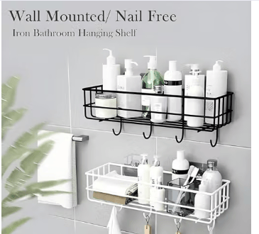 Self-Adhesive Wall-Mounted Metal Wire Storage Rack with Hanging Hooks – No-Drill Multipurpose Organizer Basket for Bathroom & Kitchen