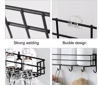 Self-Adhesive Wall-Mounted Metal Wire Storage Rack with Hanging Hooks – No-Drill Multipurpose Organizer Basket for Bathroom & Kitchen