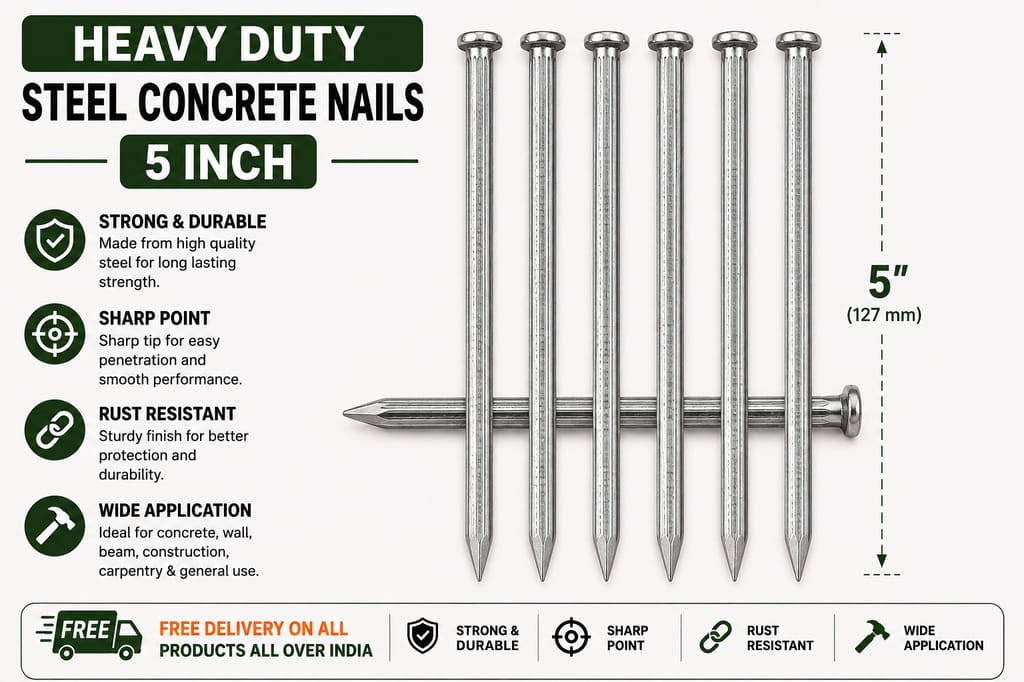 Heavy Duty Steel Concrete Nails 5 Inch | 5 Inch Concrete Nails | Hardened Steel Nails | Heavy Duty Wall Nails | Concrete Wall & Beam Nails - Hardware, Tools and Home Safety | Buy online on ZillyBuy