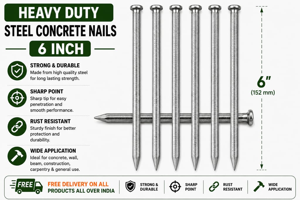 Heavy Duty Steel Concrete Nails 6 Inch | 6 Inch Concrete Nails | Hardened Steel Nails 6 Inch | Heavy Duty Wall Nails 6 Inch | Concrete Wall & Beam Nails - Hardware, Tools and Home Safety | Buy online on ZillyBuy