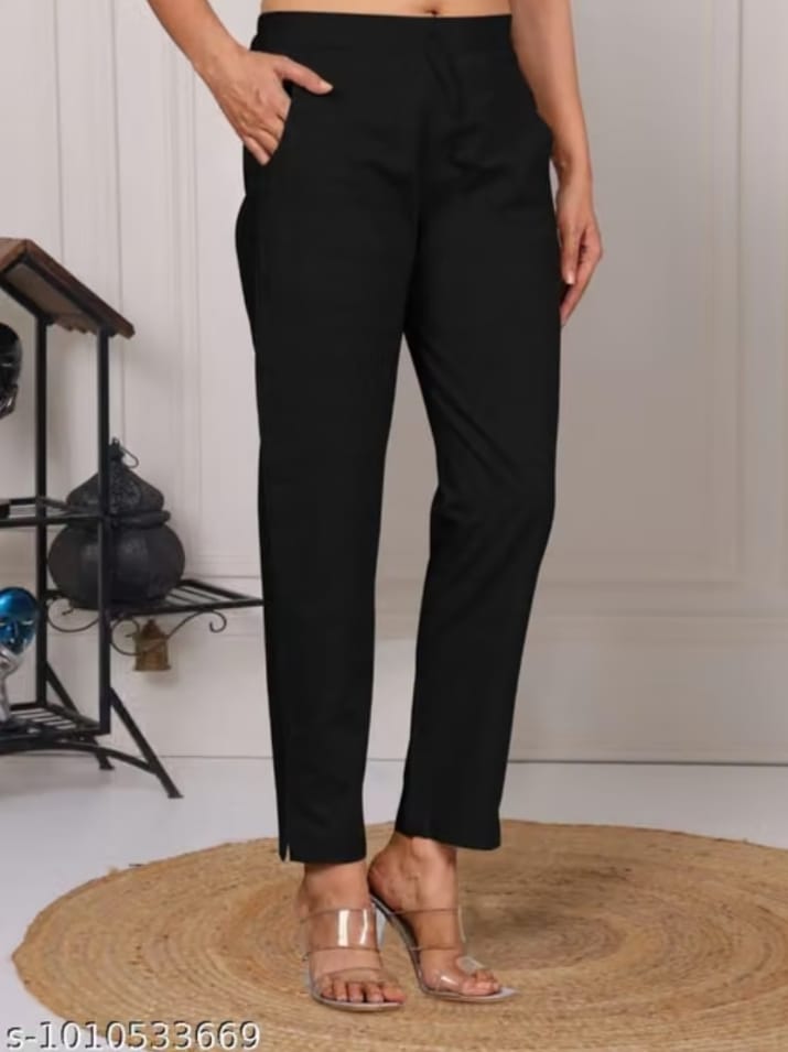 Women's Black Solid Formal Flat Front Trousers