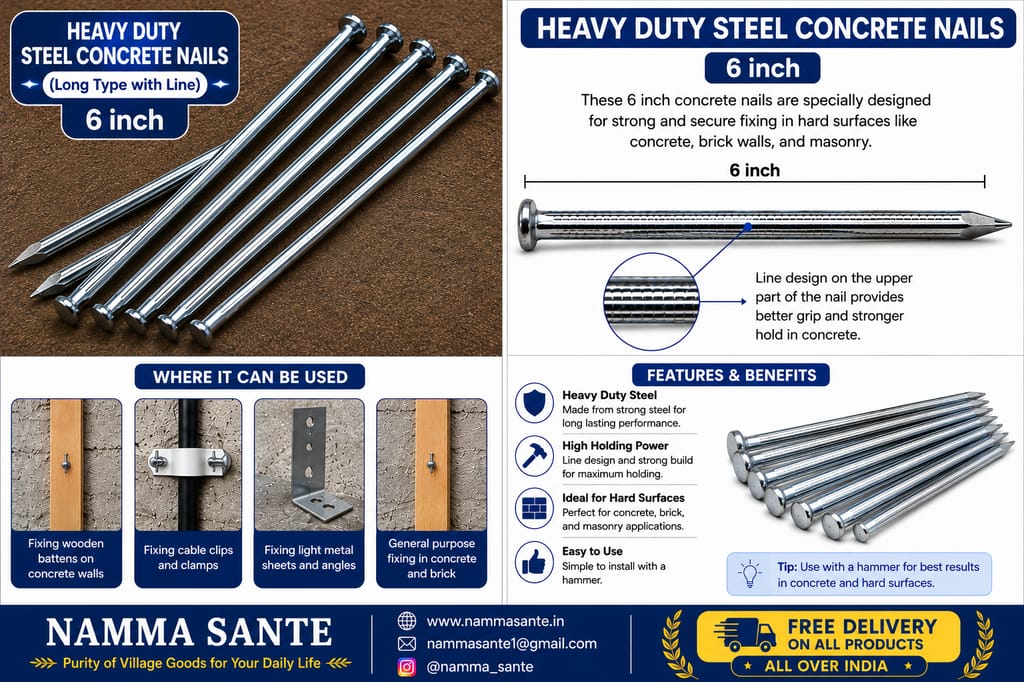Heavy Duty Steel Concrete Nails 6 Inch | 6 Inch Concrete Nails | Hardened Steel Nails 6 Inch | Heavy Duty Wall Nails 6 Inch | Concrete Wall & Beam Nails - Hardware, Tools and Home Safety | Buy online on ZillyBuy