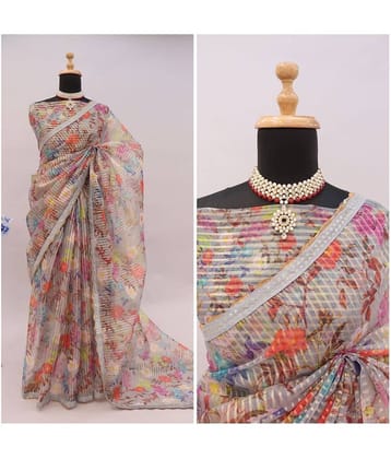 Gullak Organza Printed Saree With Unstitched Blouse Piece ( Grey )