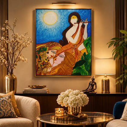 Radha Kishna Flute Hand Painted Acrylic Canvas Art Painting | 18×21 Inch Traditional Indian Wall Painting | Krishna Devotional Decor for Home, Gallery & Hotel | Swadeshi Handmade Art Paintings