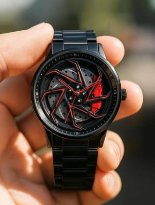 Turbo Rim Sports Analog Watch  Supercar Wheel Hub Wristwatch stainless steel watch 360 rotating watch red colour 