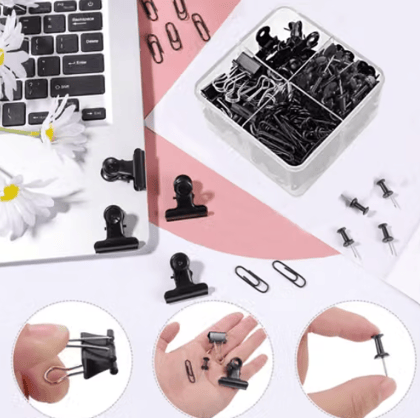 Accuprints Black Push Pins Set, 250 Pcs 4 Style Black Binder Clips