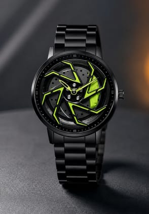 Sports Car Wheel Rim Concept Analog Menโs Watch with Neon Green Accents stainless steel watch 360 rotating watch Sports Car Wheel Rim Concept Analog Menโs Watch with Neon Green Accents stainless steel watch 360 rotating watch