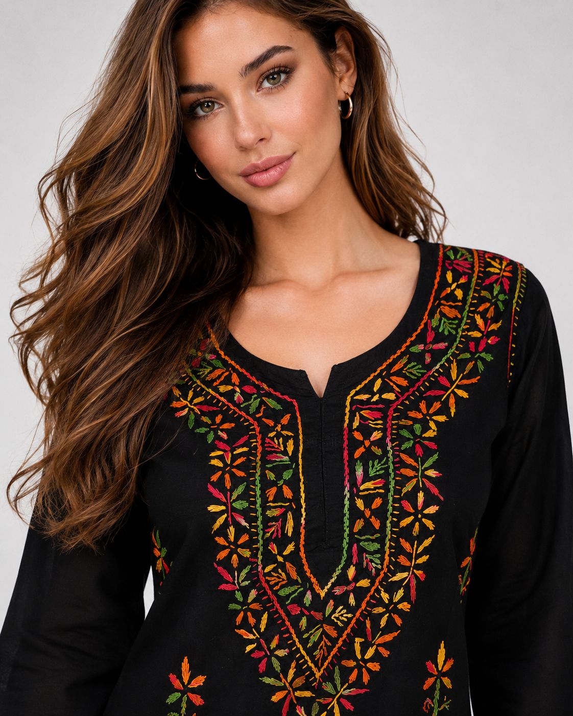 Women’s Black Cotton Hand Embroidered Chikankari Short Kurti Top | Multicolour Floral Thread Work | 28 Inch Length