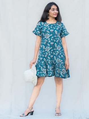 Marine Navy Blue Floral Cotton Knee Length Dress-XL