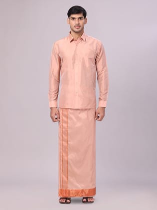 Mens Art Silk Dark Copper  Full Sleeves Shirt with 3" Copper Jari Border Dhoti Combo Haldi-36 / F/S / Dark Copper