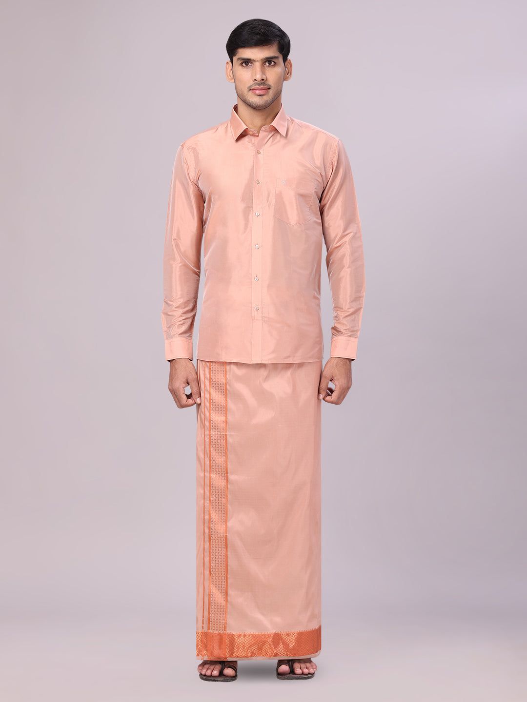Mens Art Silk Dark Copper  Full Sleeves Shirt with 3" Copper Jari Border Dhoti Combo Haldi-36 / F/S / Dark Copper