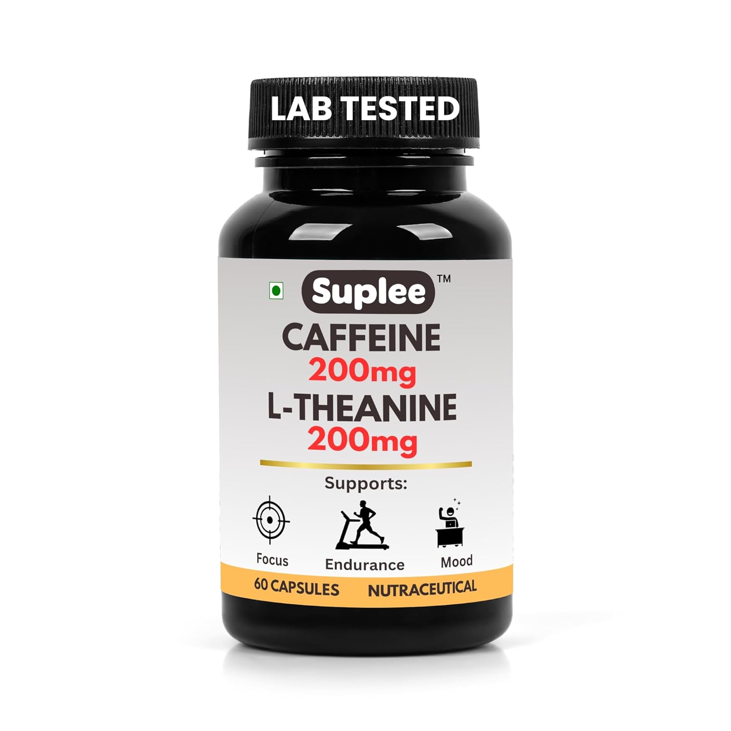 Suplee Caffeine 200mg & L-Theanine 200mg Supplement for Focus, Endurance, and Mood | 60 Vegetarian Capsules | Third-Party Lab Tested