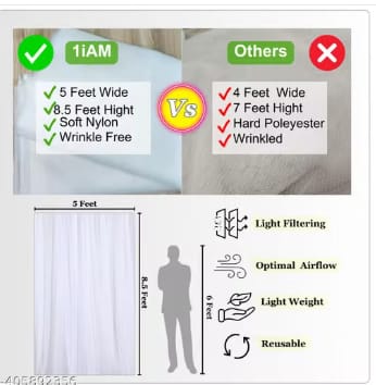 4pcs White Decoration Net Curtain with 1pc 11m Rice Light | 8.5 x 5 ft Each, Stitched Nylon Backdrop Net, Reusable Soft Transparent Cabana Tent Decor for Bride To Be, Birthday, Party Birthday