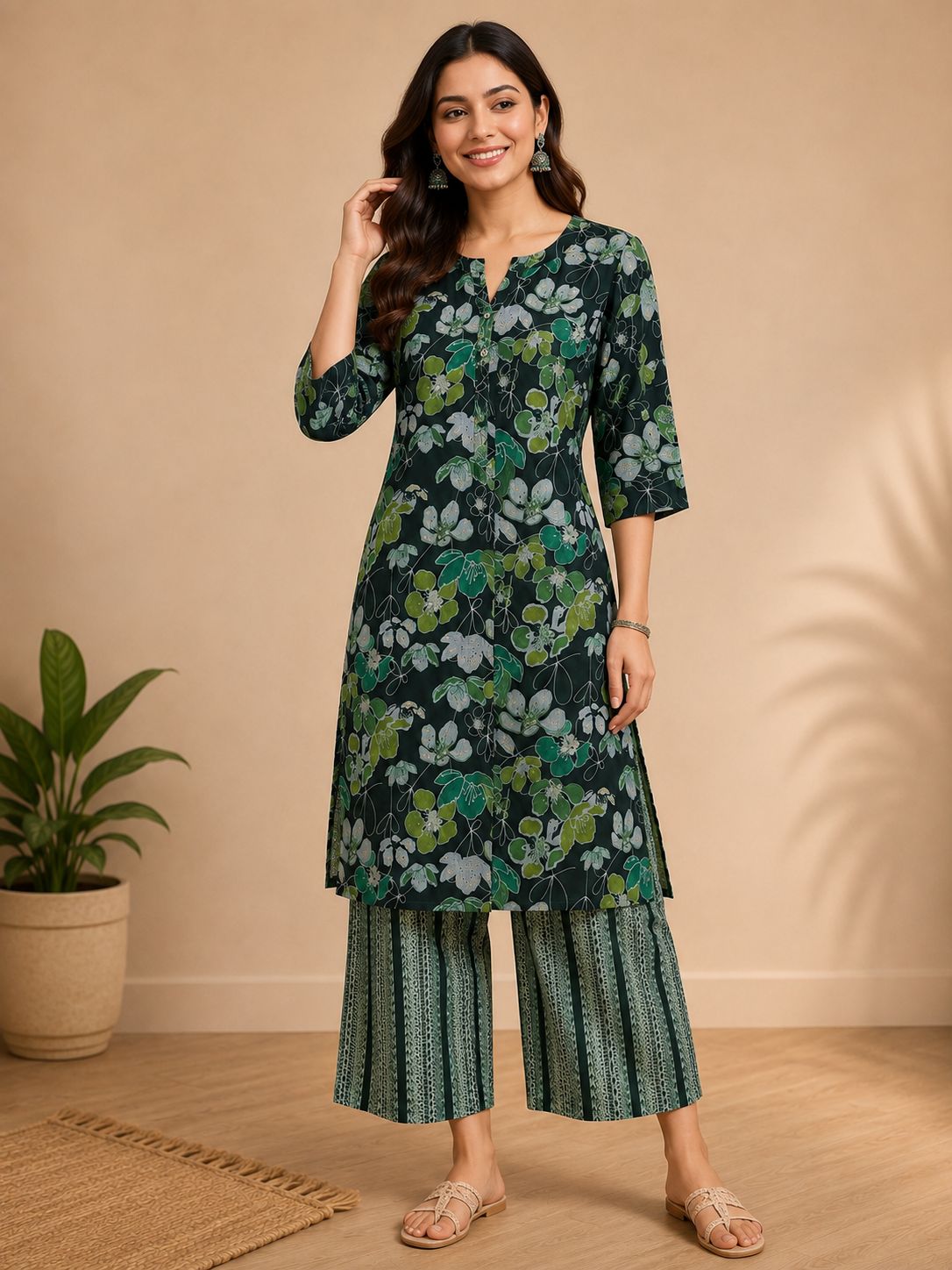 Glamvila Sage Blossom Kurti Palazzo Set