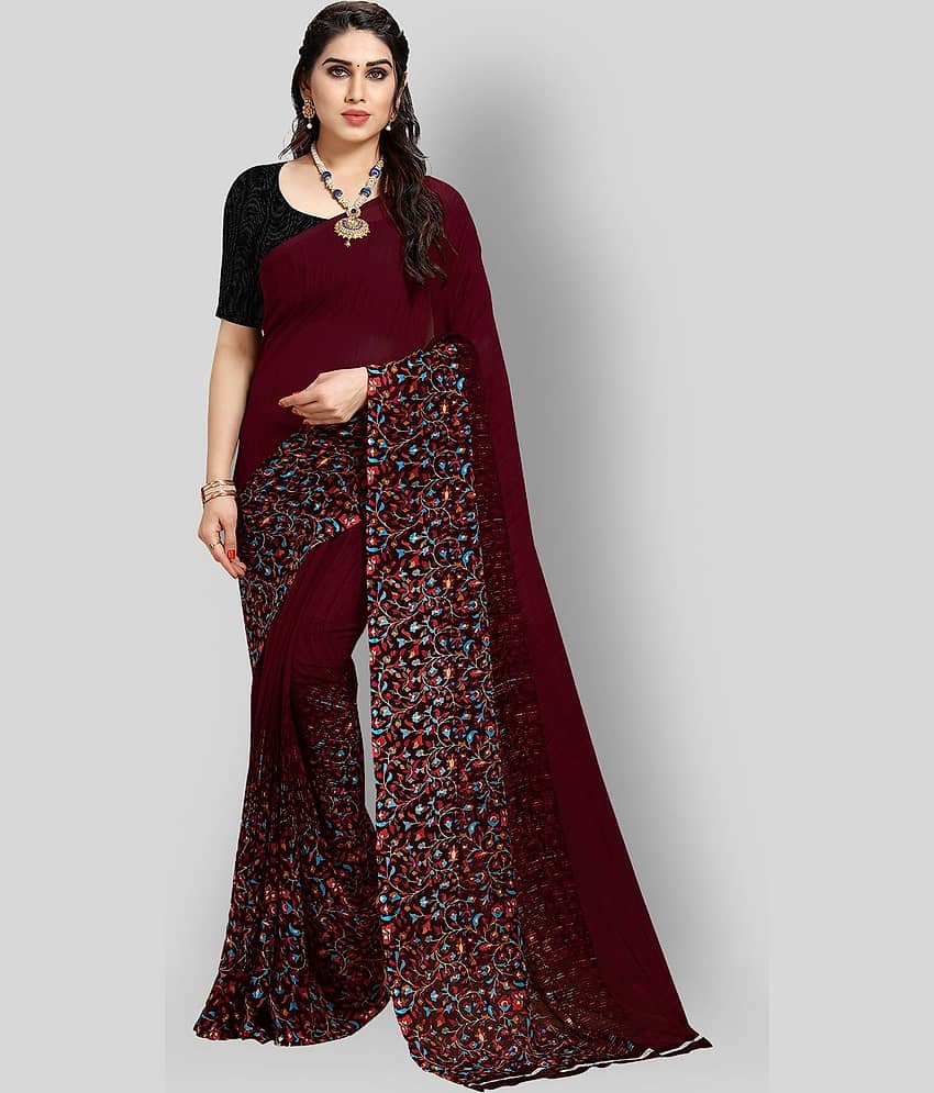 ANAND SAREES Georgette Printed Saree With Unstitched Blouse Piece ( Maroon )