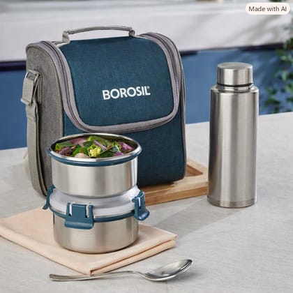 Borosil Superfresh Stainless Steel Lunch Box Set with 3 Leak-Proof Containers (310 ml Each) & 600 ml Water Bottle, BPA-Free Lid, Dishwasher Safe, Carry Bag Included, 1 Year Warranty
